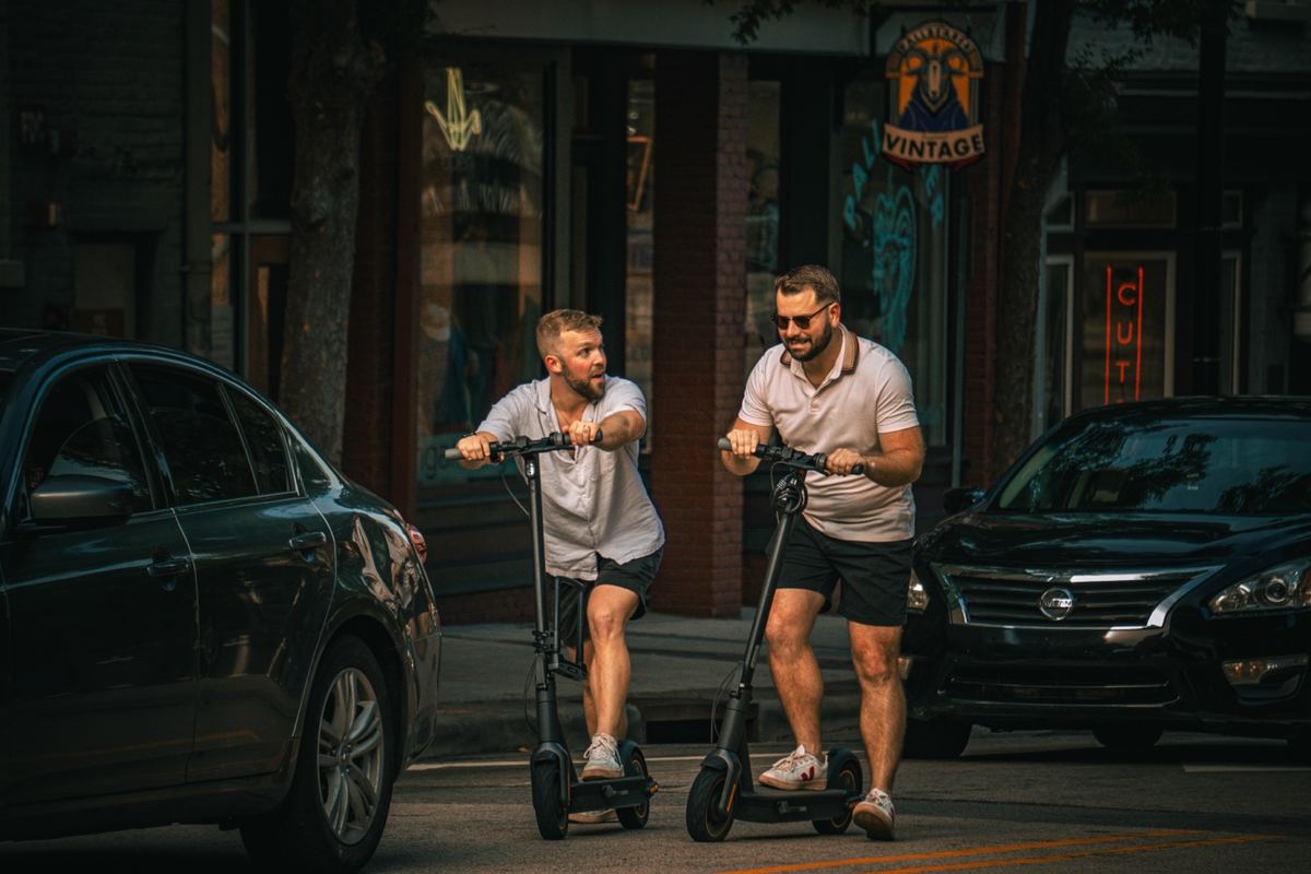 Two friends riding scooters through downtown Raleigh